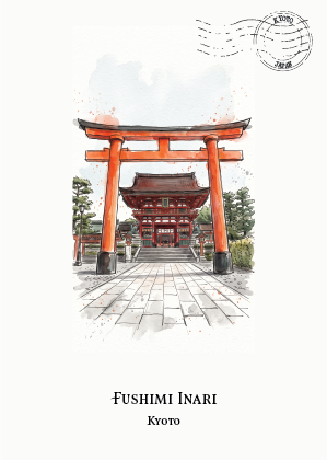 Watercolour-style travel art print of Fushimi Inari in Kyoto, Japan, featuring an orange torii gate and red shrine in the center on a white background with a postmark illustration in the top right and the text 'FUSHIMI INARI' and 'Kyoto' at the bottom.