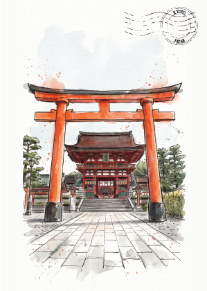 Watercolour-style illustration of a Japanese Fushimi Inari torii gate leading to a red temple building, with a postage stamp graphic in the upper right on a white background.