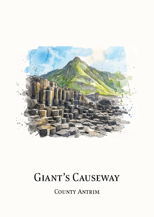 A watercolor-style travel print featuring Giant's Causeway in County Antrim, with a painted mountain, sea stacks, and the text 'GIANT'S CAUSEWAY' and 'COUNTY ANTRIM' below on a white background.