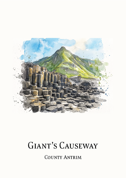 A watercolor-style travel print featuring Giant's Causeway in County Antrim, with a painted mountain, sea stacks, and the text 'GIANT'S CAUSEWAY' and 'COUNTY ANTRIM' below on a white background.