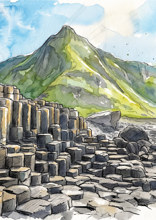 Watercolor and ink illustration of the Giant's Causeway with a foreground of hexagonal rock columns, likely representing a coastal or volcanic stone formation under a blue sky.