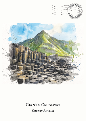 Watercolour-style travel art print of Giant's Causeway in County Antrim, showing the hexagonal stone causeway in the foreground and a green mountain under a blue sky. The print includes a circular postmark graphic in the top right and the text 'GIANT'S CAUSEWAY' and 'COUNTY ANTRIM' at the bottom.
