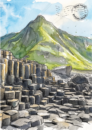 Watercolour and ink illustration of the Giant's Causeway rock formations in the foreground with a green mountain peak under a blue sky in the background, styled like a vintage postcard with a circular postmark.