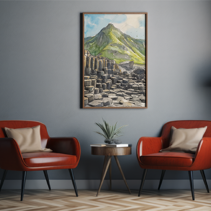 A framed landscape art print depicting the Giant's Causeway, displayed on a dark gray wall in a modern living room setting with two red armchairs and a side table.