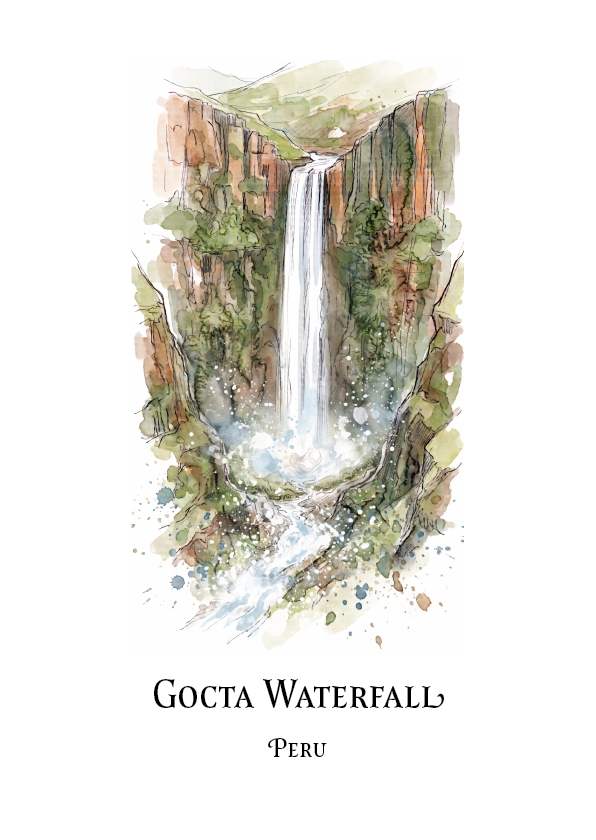 A watercolour-style travel art print of Gocta Waterfall in Peru, featuring a detailed illustration of the waterfall cascading down a rocky, mossy cliff, with the text 'GOCTA WATERFALL' and 'PERU' printed below on a white background.
