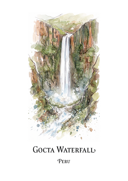 A watercolour-style travel art print of Gocta Waterfall in Peru, featuring a detailed illustration of the waterfall cascading down a rocky, mossy cliff, with the text 'GOCTA WATERFALL' and 'PERU' printed below on a white background.