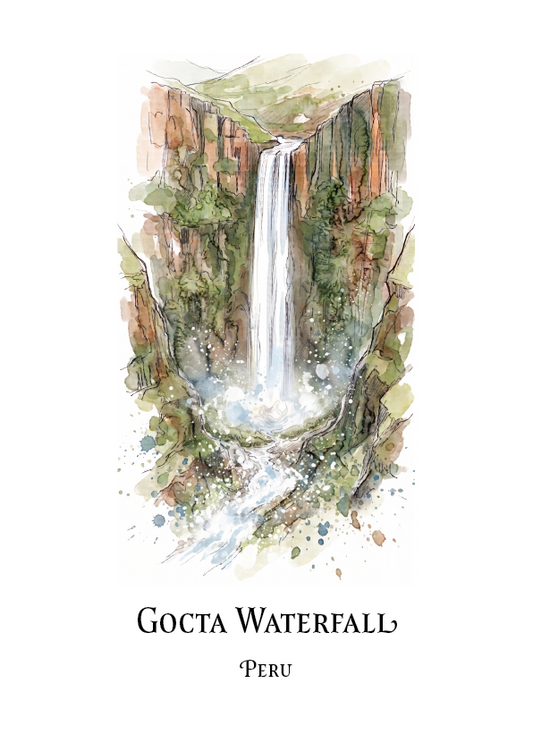 A watercolour-style travel art print of Gocta Waterfall in Peru, featuring a detailed illustration of the waterfall cascading down a rocky, mossy cliff, with the text 'GOCTA WATERFALL' and 'PERU' printed below on a white background.