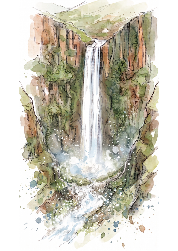 Watercolour-style illustration of a tall waterfall cascading down a rocky cliffside, with green foliage, brown rock faces, and a small stream at the base hiding a mermaid on a white background.
