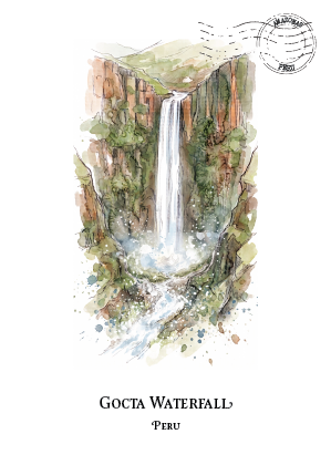 Watercolour-style illustration of Gocta Waterfall in Peru, shown as a vertical scenic print postcard on a white background with the text 'GOCTA WATERFALL' and 'PERU' below.