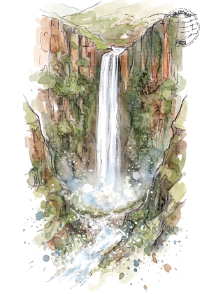 Watercolor illustration postcard of Gocta waterfall, Peru, cascading down a rocky cliffside with green foliage and a small stream at the base hiding a mermaid, shown on a white background.