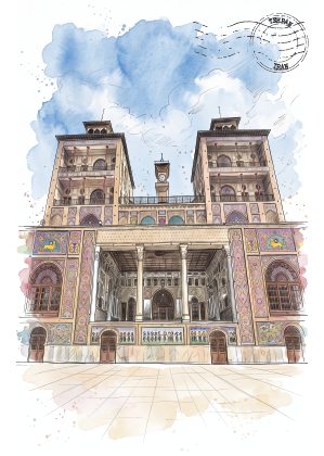 Watercolour architectural illustration of the grand historic building Golestan Palace, Tehran, with two symmetrical towers, ornate arches, columns, and decorative wall panels, set against a blue sky with a postage stamp graphic in the upper right.
