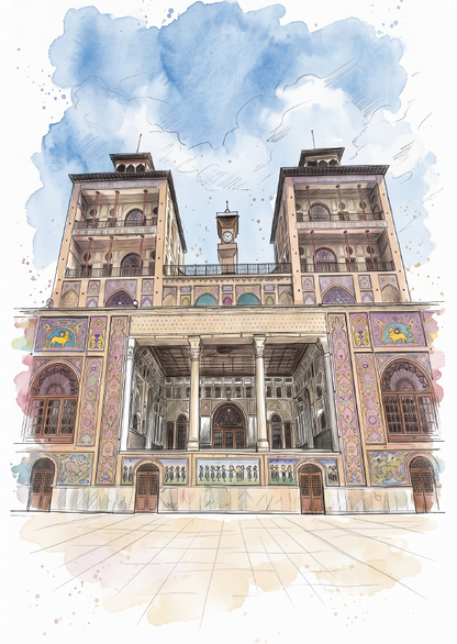 Watercolour architectural illustration of Golestan Palace building with symmetrical towers, arched windows, decorative wall panels, and a clock tower, rendered in soft blue, beige, brown, and muted multicolor tones.