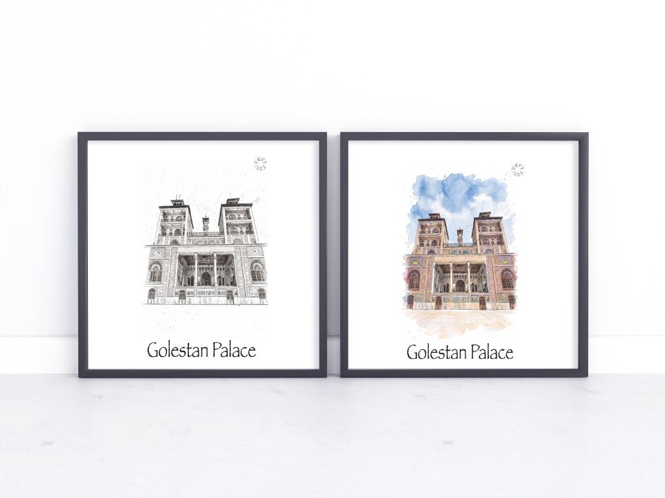 Two framed art prints of Golestan Palace, one in black and white sketch style and the other in a blue and beige watercolour style, displayed side-by-side on a white surface against a white wall.
