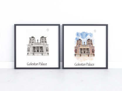 Two framed art prints of Golestan Palace, one in black and white sketch style and the other in a blue and beige watercolour style, displayed side-by-side on a white surface against a white wall.