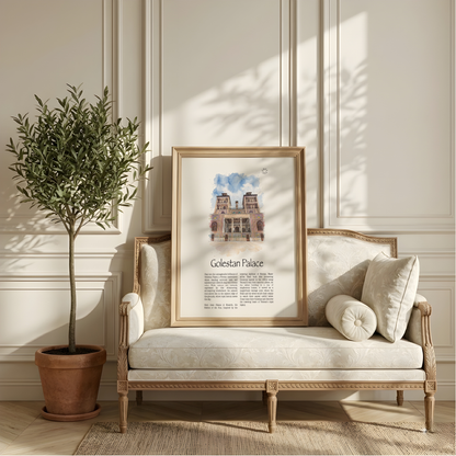 A framed art print of Golestan Palace leaning against a cream-colored sofa in a beautifully styled room with a potted olive tree and warm sunlight.