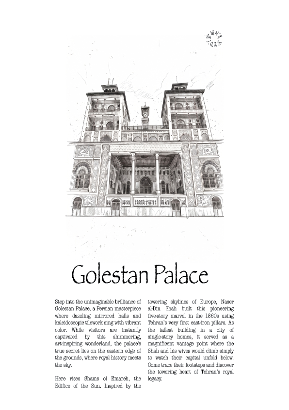 A black and white architectural illustration of Golestan Palace above a block of descriptive text, presented on a white background.