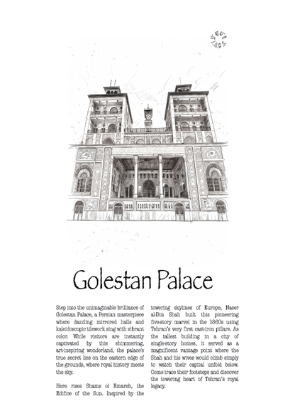 A black and white architectural illustration of Golestan Palace above a block of descriptive text, presented on a white background.