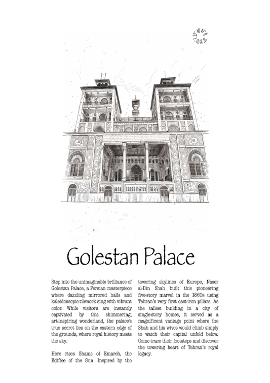 A black and white architectural illustration of Golestan Palace above a block of descriptive text, presented on a white background.