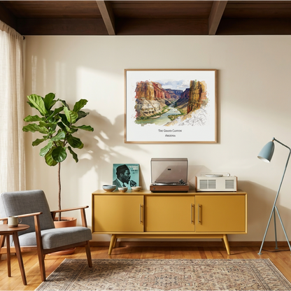 A framed art print depicting a scenic Grand Canyon landscape hangsing on a beige wall in a styled living room. The room features a mustard yellow mid-century modern sideboard with a record player and radio, a gray armchair, a potted fiddle-leaf fig, and a floor lamp.
