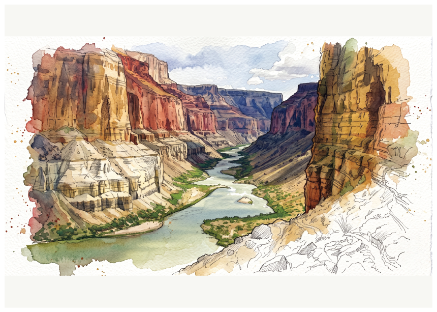 A watercolour-style art print depicting the Grand Canyon in Arizona, with layered red, orange, and tan rock cliffs, a winding river, and a pale sky. The print is centered on a white background.