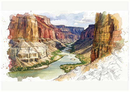 A watercolour-style art print depicting the Grand Canyon in Arizona, with layered red, orange, and tan rock cliffs, a winding river, and a pale sky. The print is centered on a white background.