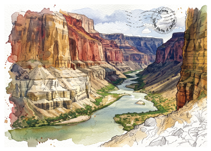 A watercolour-style art print postcard depicting the Grand Canyon in Arizona, with layered red, orange, and tan rock cliffs, a winding river, and a pale sky. The print is centered on a white background with apostmark in teh top right hand corner.