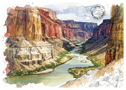 A watercolour-style art print postcard depicting the Grand Canyon in Arizona, with layered red, orange, and tan rock cliffs, a winding river, and a pale sky. The print is centered on a white background with apostmark in teh top right hand corner.