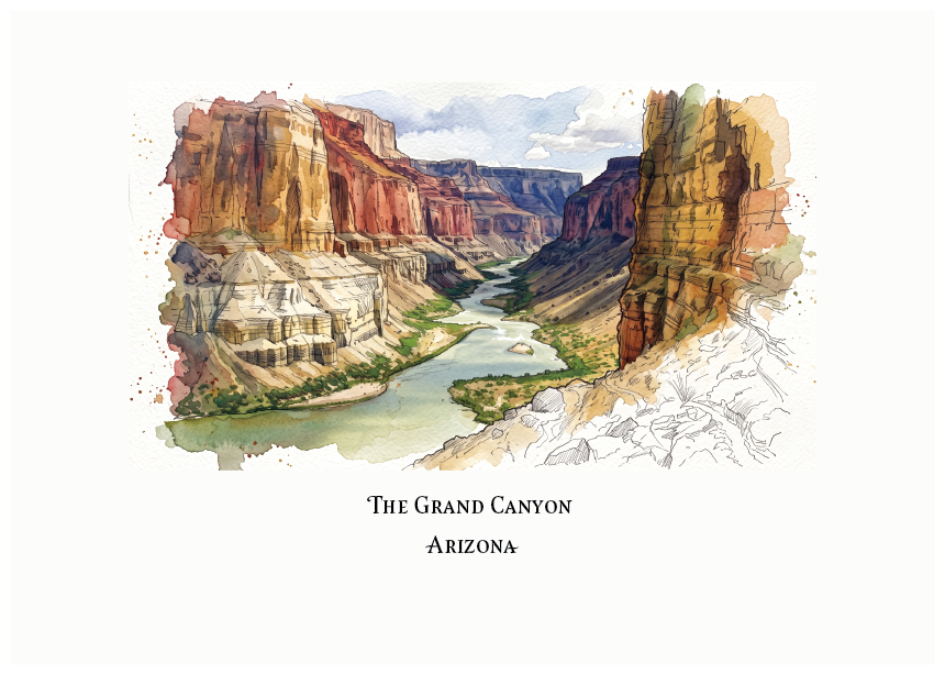 A watercolour-style art print depicting the Grand Canyon in Arizona, with layered red, orange, and tan rock cliffs, a winding river, and a pale sky. The print is centered on a white background with the text 'THE GRAND CANYON ARIZONA' below the artwork.