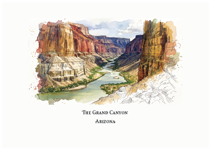 A watercolour-style art print depicting the Grand Canyon in Arizona, with layered red, orange, and tan rock cliffs, a winding river, and a pale sky. The print is centered on a white background with the text 'THE GRAND CANYON ARIZONA' below the artwork.