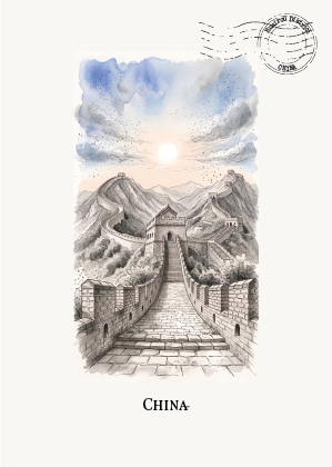 A watercolour-style travel postcard featuring the Great Wall of China under a cloudy sky, with a circular stamp graphic in the top right and the word 'CHINA' printed below the artwork on an off-white card.