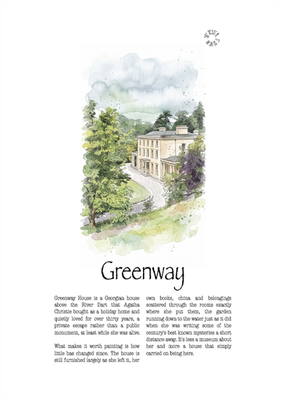 A travel poster or print titled 'Greenway' featuring a watercolour illustration of Greenway House a grand villa on the River Dart with a winding path, above a block of descriptive text.