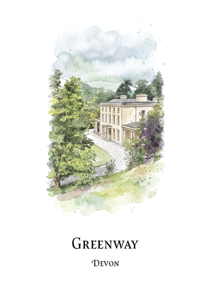 A watercolour-style illustrated travel poster print showing a large stone mansion belonging to Agatha Christie, surrounded by trees and a curved driveway, with the text 'GREENWAY' and 'DEVON' below on a white background.