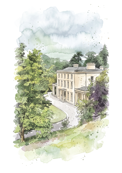 Watercolour-style illustration of a large pale mansion called Greenway in devon belonging to crime writer Agatha Christie, surrounded by green trees and a curved driveway, with soft grey clouds above on a white background.