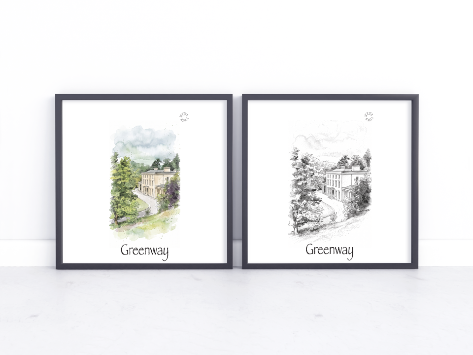 Two framed art prints leaning against a white wall on a light marble surface. Each print shows a scenic house illustration labeled 'Greenway'; the left print is watercolour with green and blue tones, and the right print is a black-and-white sketch.