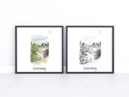 Two framed art prints leaning against a white wall on a light marble surface. Each print shows a scenic house illustration labeled 'Greenway'; the left print is watercolour with green and blue tones, and the right print is a black-and-white sketch.