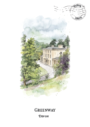 A watercolour-style illustration of a large stone mansion surrounded by green trees and a winding path, with the text 'GREENWAY' and 'Devon' below. A postage stamp graphic appears in the upper right on a white background.