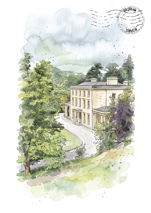 Watercolor-style illustration of a large classical mansion, Greenway in Devon, home of Agatha Christie, surrounded by green trees and a winding driveway, with a postage stamp graphic in the upper right on a white background.