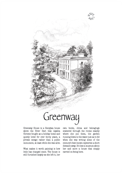 A black and white illustrated travel poster featuring a sketch of Greenway House, a large old mansion, with the title 'Greenway' and a short descriptive text below on a white background.