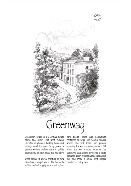 A black and white illustrated travel poster featuring a sketch of Greenway House, a large old mansion, with the title 'Greenway' and a short descriptive text below on a white background.