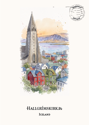Watercolour-style travel illustration of Hallgrømskirkja in Iceland, showing the tall church tower above colourful houses and distant mountains, with the text 'HALLGRÍMSKIRKJA ICELAND' below on an off-white background.