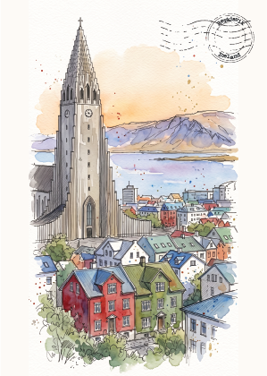 Watercolour-style illustration of a coastal city scene, Hallgrimskirkja with the tall church tower, colourful houses, mountains, and a postmark in the upper right, shown on an off-white background.