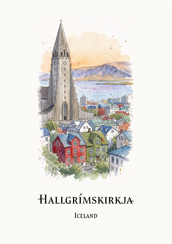 Watercolour-style illustration of a coastal city scene, Hallgrimskirkja with a tall church tower, colourful houses, mountains, and water under a soft peach sky.