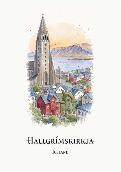 Watercolour-style illustration of a coastal city scene, Hallgrimskirkja with a tall church tower, colourful houses, mountains, and water under a soft peach sky.