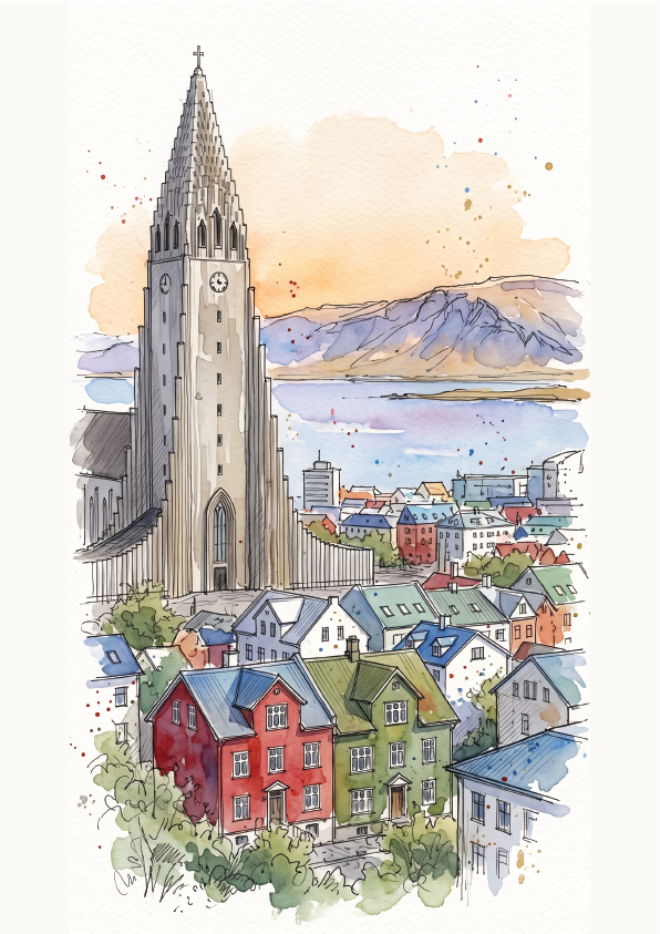 Watercolour-style illustration of a coastal city scene, Hallgrimskirkja with a tall church tower, colourful houses, mountains, and water under a soft peach sky.