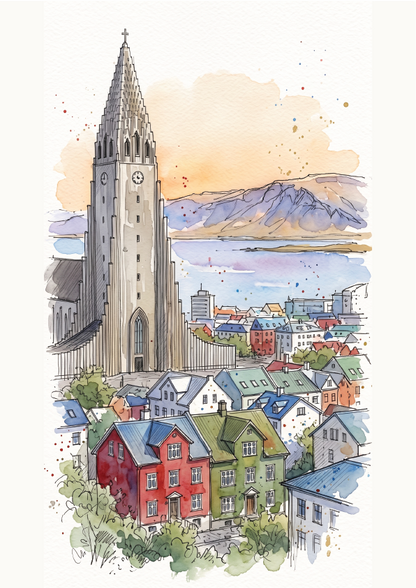 Watercolour-style illustration of a coastal city scene, Hallgrimskirkja with a tall church tower, colourful houses, mountains, and water under a soft peach sky.
