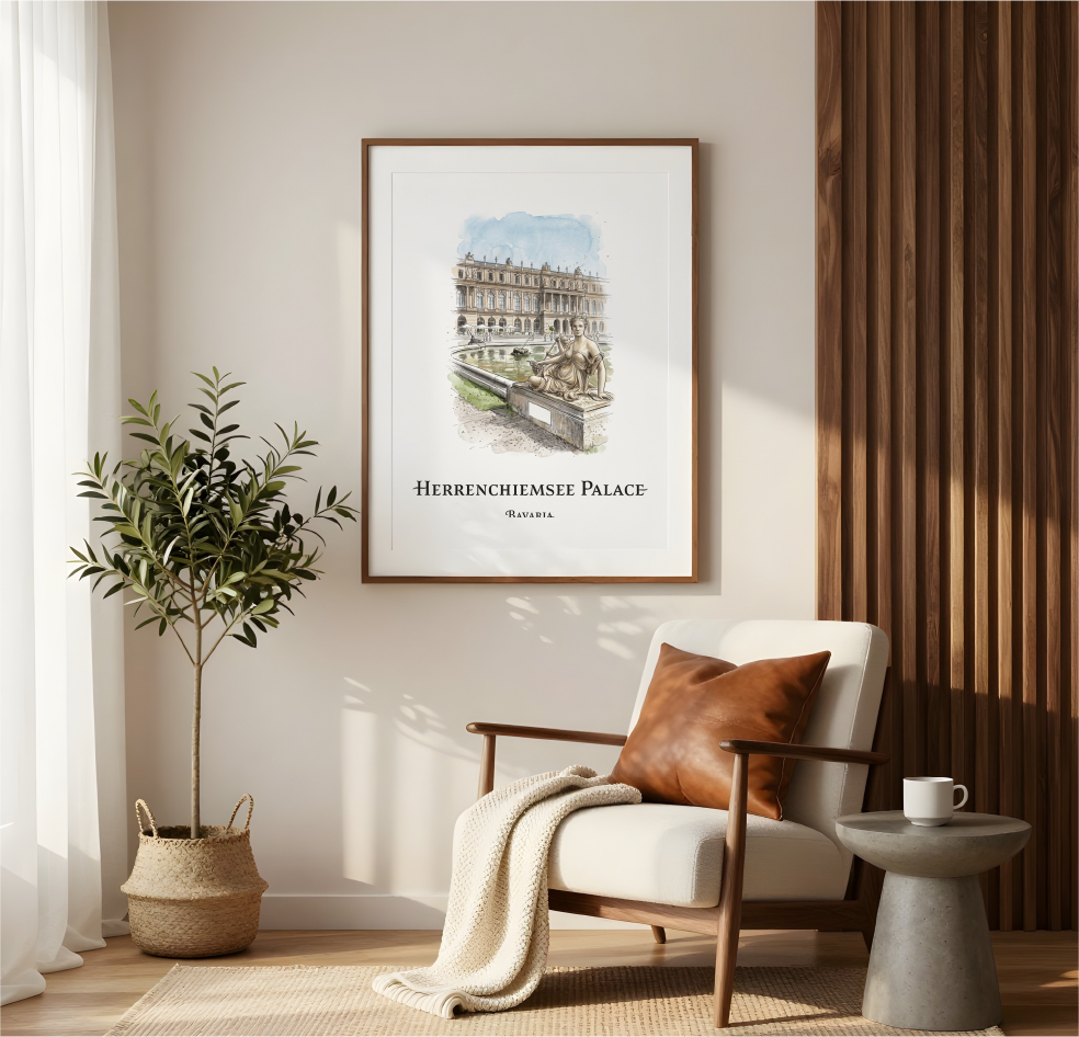 A framed art print featuring a watercolour illustration of Herrenchiemse Palace in Rotterdam, hung on a beige wall in a modern, sunlit living room setting with a wooden armchair, a potted plant, and a side table.