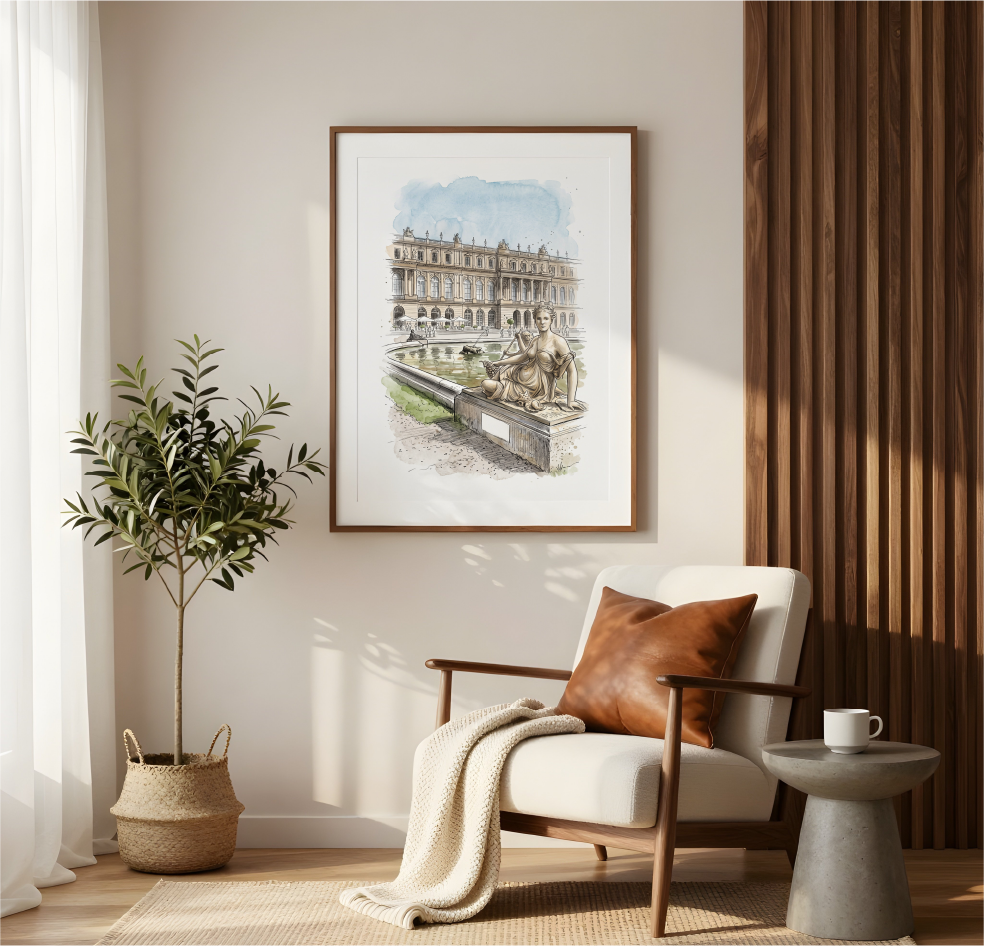 A framed art print depicting a classical building and statue, styled in a warm, modern living room setting next to a wooden armchair, a potted plant, and a side table.