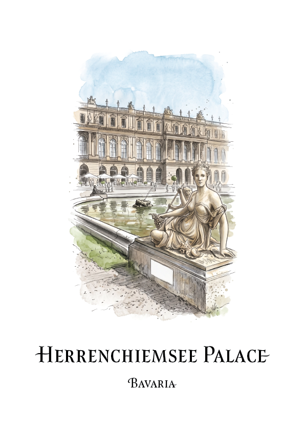 A watercolour-style travel print of the Herrenchiemsee Palace in Bavaria, featuring a seated statue in the foreground and the palace building behind it, with the text 'HERRENCHIEMSEE PALACE' and 'BAVARIA' below on a white background.