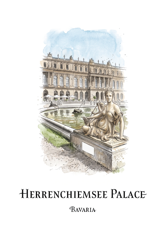 A watercolour-style travel print of the Herrenchiemsee Palace in Bavaria, featuring a seated statue in the foreground and the palace building behind it, with the text 'HERRENCHIEMSEE PALACE' and 'BAVARIA' below on a white background.