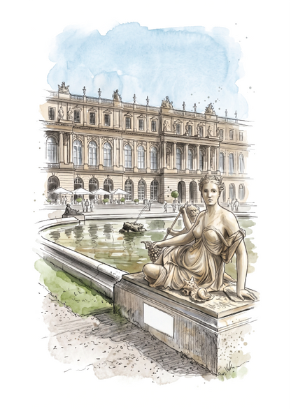 Watercolour-style illustration of Herrenchiemsee Palace, a grand classical building with a fountain in the foreground and a seated statue in the foreground, rendered in soft beige, blue, green, and gray tones on a white background.